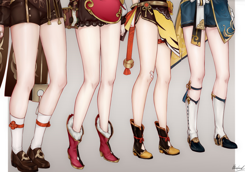 1boy, 3girls, absurdres, bandaid, bandaid_on_knee, black_shorts, bwcloud, china_dress