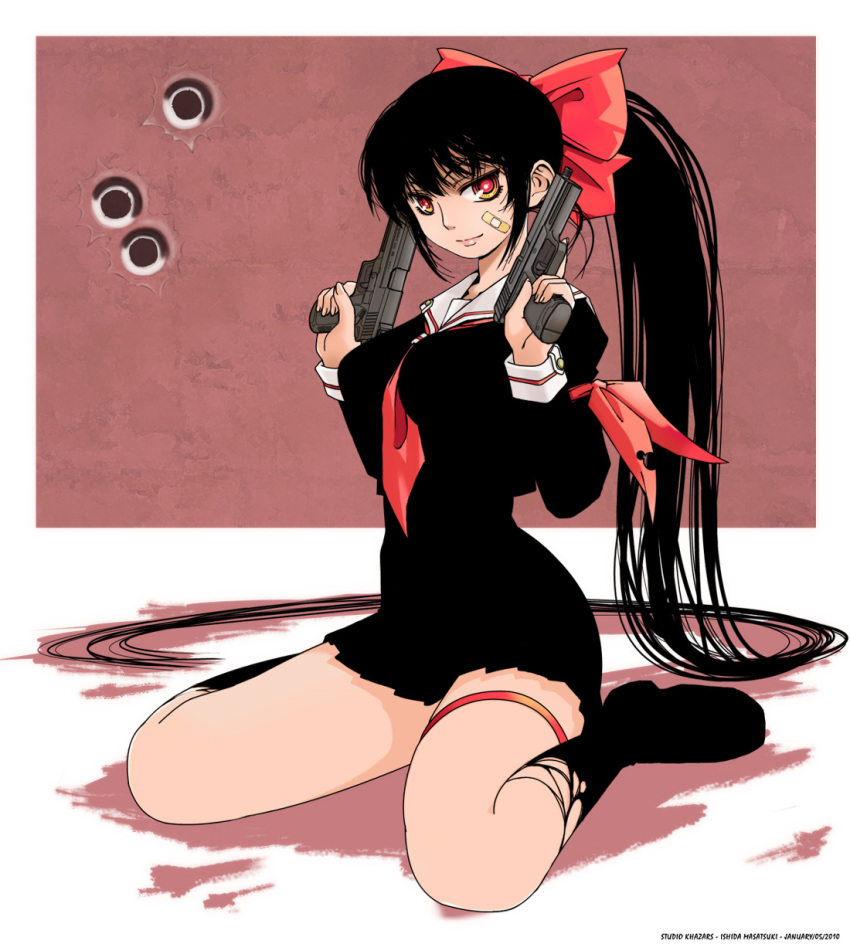 bandaid, bow, bullet_hole, bullet_holes, dual_wielding, gun, highres, ishida_masatsuki, ponytail, red_eyes, school_uniform, serafuku, sitting, trigger_discipline, wariza, weapon