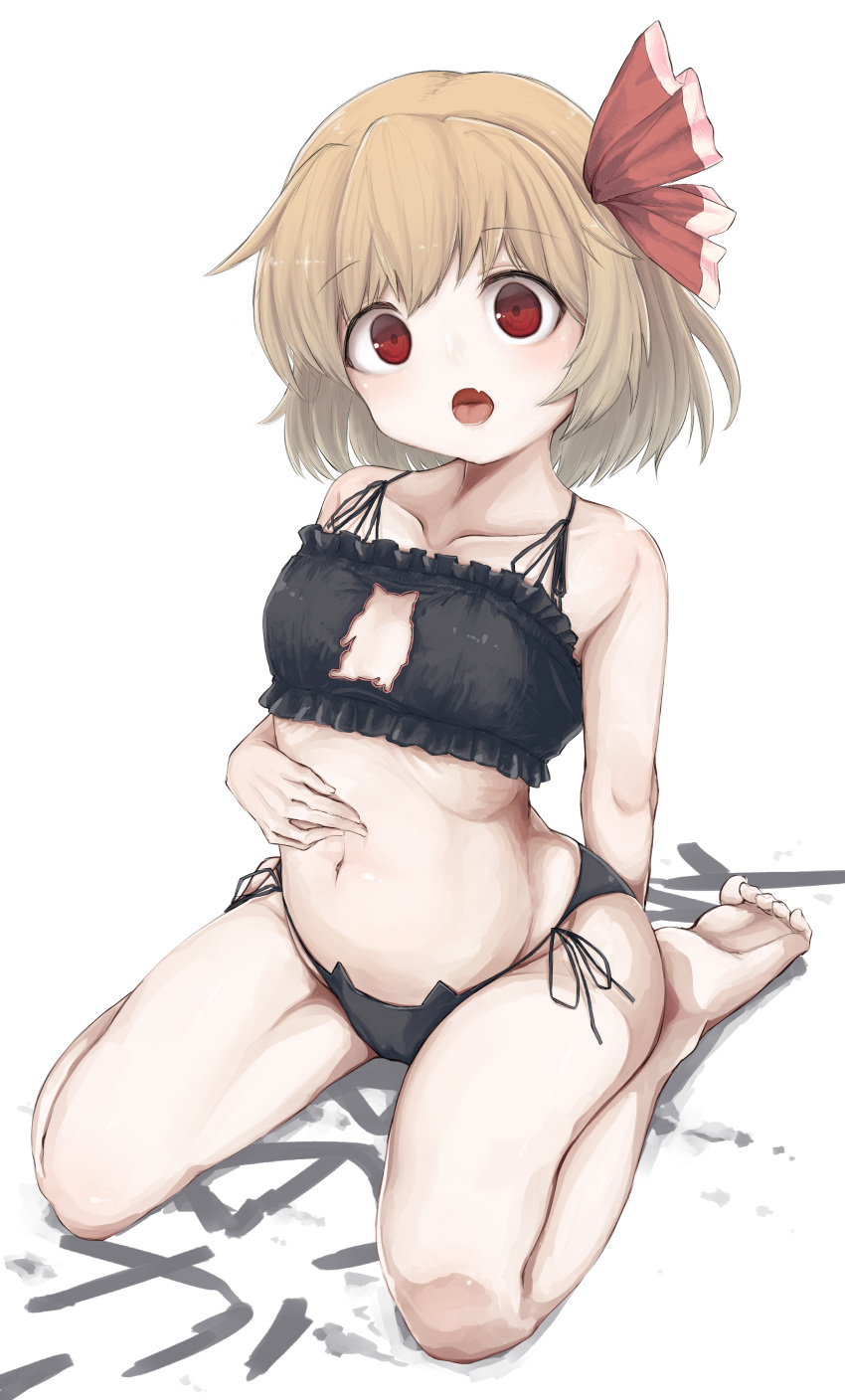1girl, absurdres, bangs, barefoot, black_bra, black_panties, blonde_hair, blush