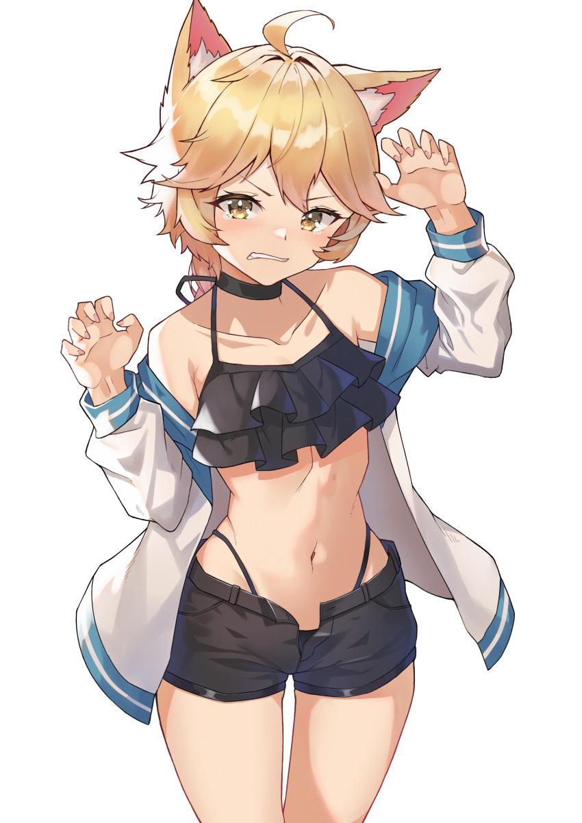 1boy, absurdres, aether_(genshin_impact), ahoge, animal_ears, bare_shoulders, bikini, black_bikini, blonde_hair, blush, braid, braided_ponytail, choker, clenched_teeth, crossdressinging, frilled_bikini, frills, genshin_impact, highres, jacket, long_sleeves, looking_at_viewer, matthew_(1814323273), navel, off_shoulder, open_clothes, open_fly, open_jacket, otoko_no_ko, paw_pose, short_shorts, shorts, simple_background, swimsuit, teeth, white_background, yellow_eyes