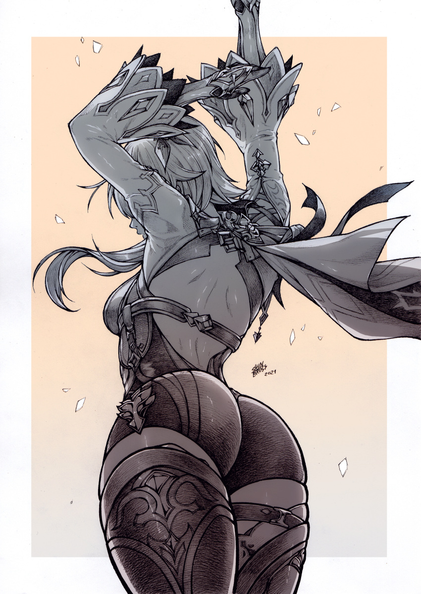 1girl, absurdres, arms_up, ass, back, backless_leotard, backless_outfit, cape