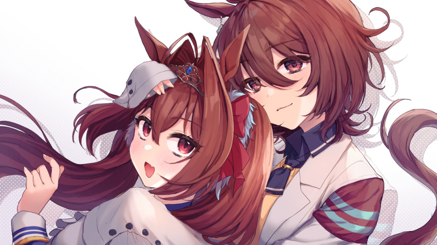 2girls, agnes_tachyon_(umamusume), animal_ears, brown_eyes, brown_hair, commentary, daiwa_scarlet_(umamusume), eyebrows_visible_through_hair