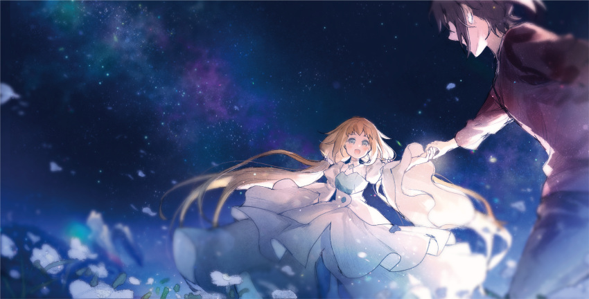 18_(backstreetno18), 1boy, 1girl, absurdres, bangs, black_hair, blonde_hair, blue_eyes