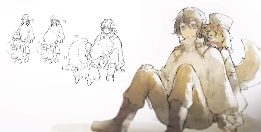 18_(backstreetno18), 2boys, ?, absurdres, black_eyes, black_hair, blue_headwear, boots