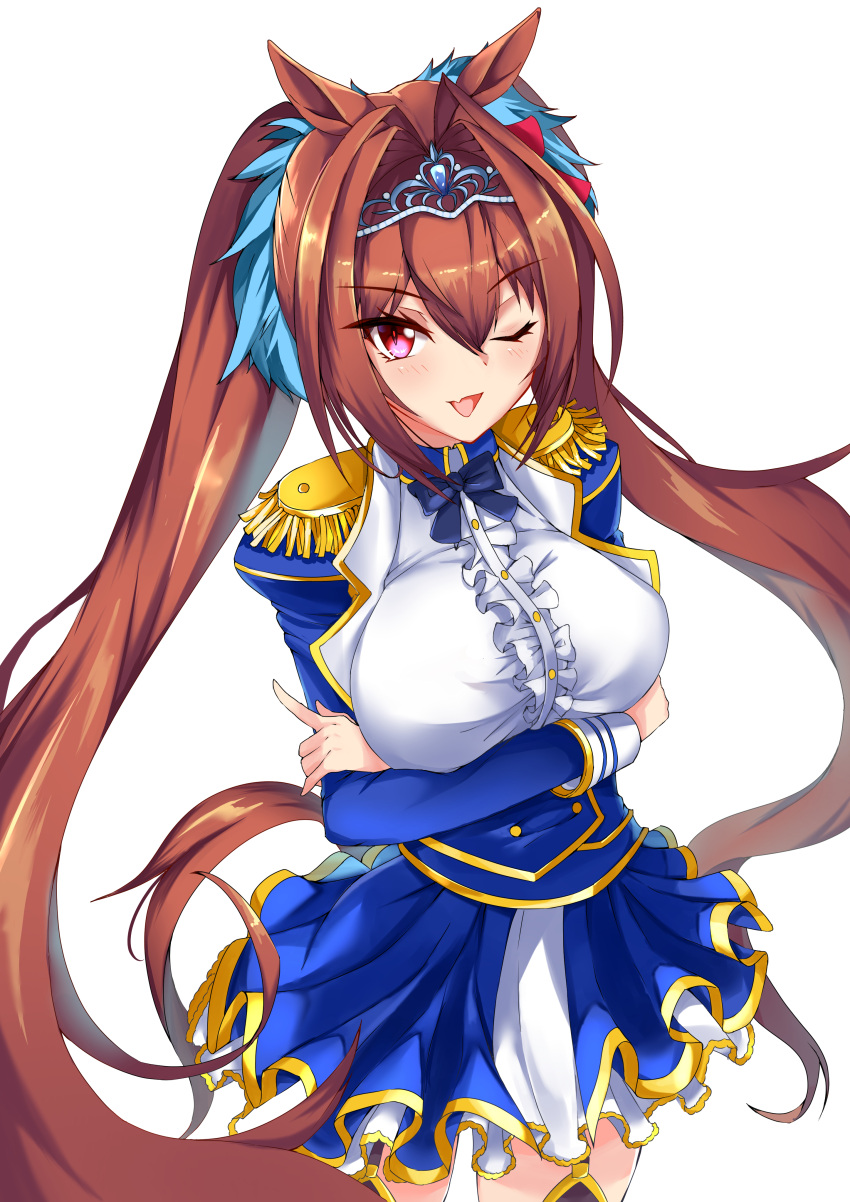 1girl, absurdres, animal_ears, arms_under_breasts, bangs, blue_bow, blue_jacket, blue_skirt