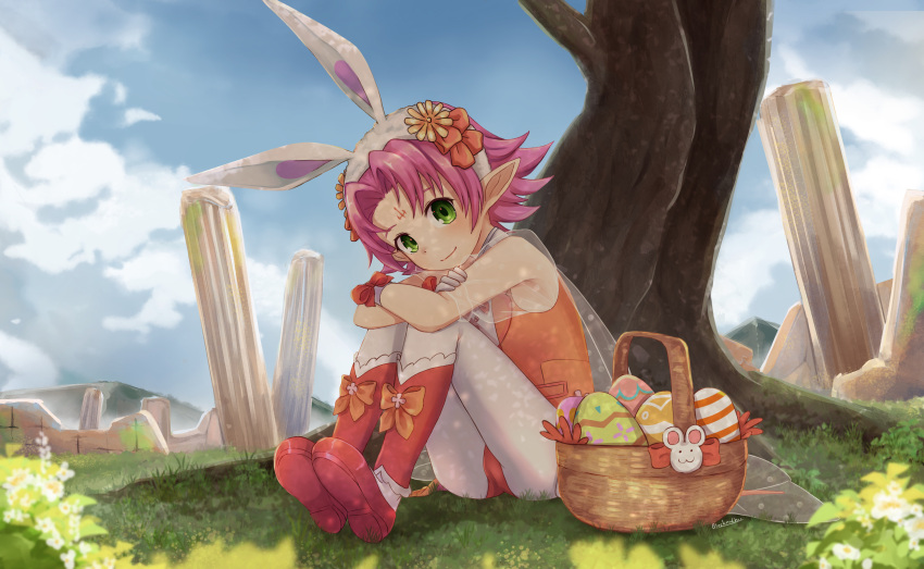 1girl, absurdres, animal_ears, basket, blackma_(pagus0012), blue_sky, boots, bow
