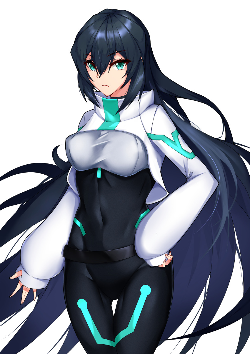 1girl, absurdres, bangs, black_bodysuit, bodysuit, breasts, clenched_hand, covered_navel