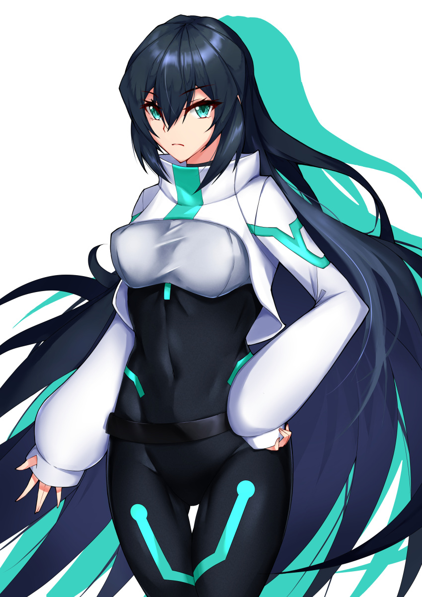 1girl, absurdres, bangs, black_bodysuit, bodysuit, breasts, clenched_hand, colored_shadow, covered_navel, eyebrows_visible_through_hair, frown, green_eyes, gundam, gundam_build_divers, gundam_build_divers_re:rise, hair_between_eyes, highres, kurosaki_saya, long_hair, may_(gundam_build_divers_re:rise), medium_breasts, open_hand, shadow, shrug_(clothing), sleeves_past_wrists, solo, thigh_gap, very_long_hair, white_background