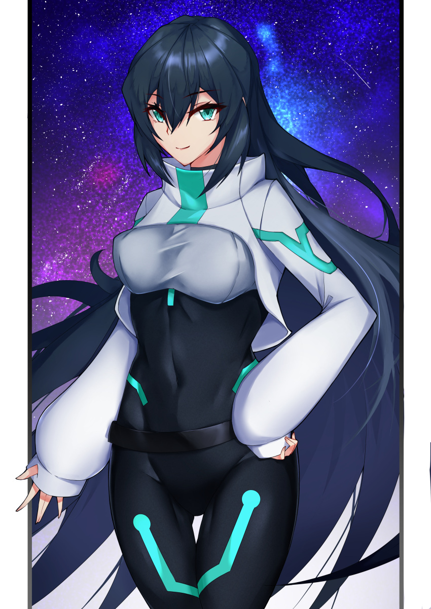 1girl, absurdres, bangs, black_bodysuit, bodysuit, breasts, clenched_hand, covered_navel
