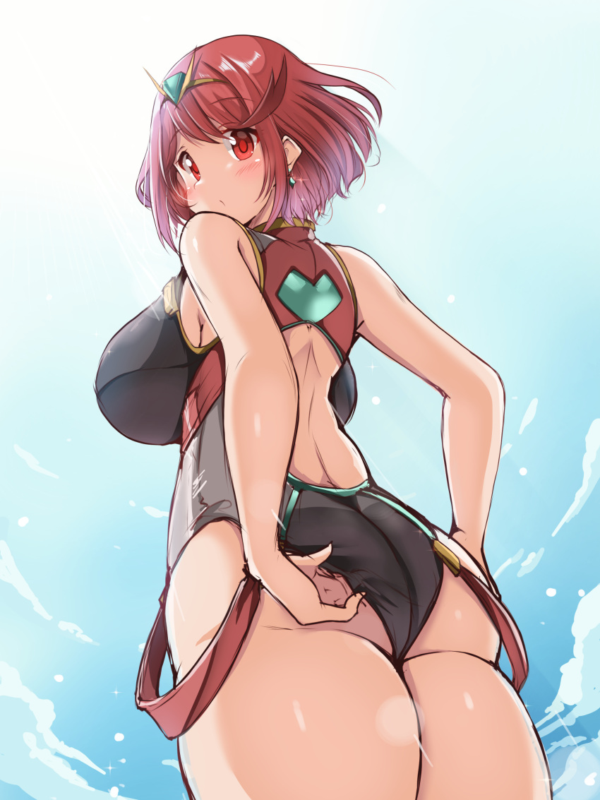 1girl, absurdres, ass, bangs, black_swimsuit, competition_swimsuit, covered_collarbone, earrings
