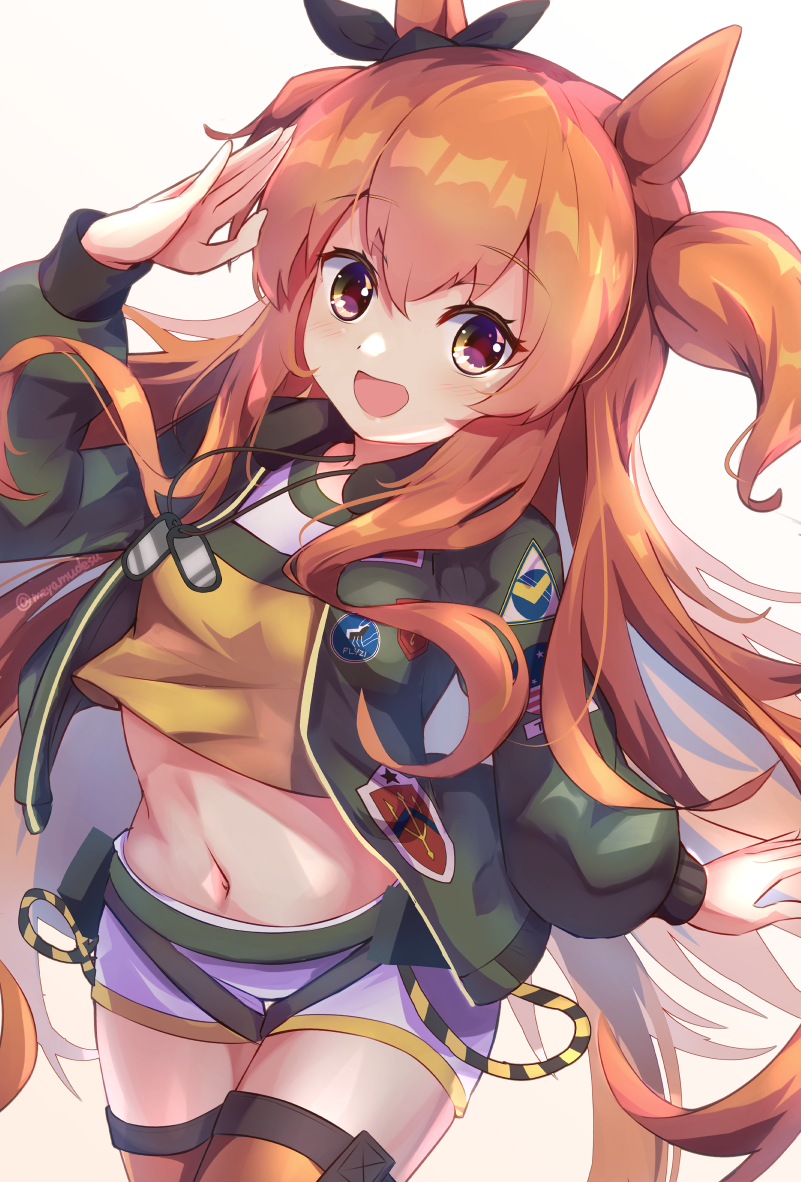 1girl, :d, animal_ears, arm_up, bangs, black_ribbon, brown_background, brown_eyes