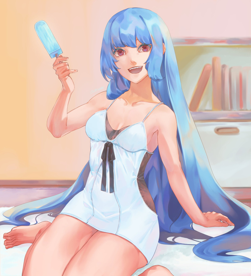 1girl, babydoll, bangs, bed, bedroom, blue_hair, book, bookshelf, breasts, cry_sinkai, food, highres, kula_diamond, legs, long_hair, looking_at_viewer, popsicle, small_breasts, smile, the_king_of_fighters, violet_eyes, white_babydoll