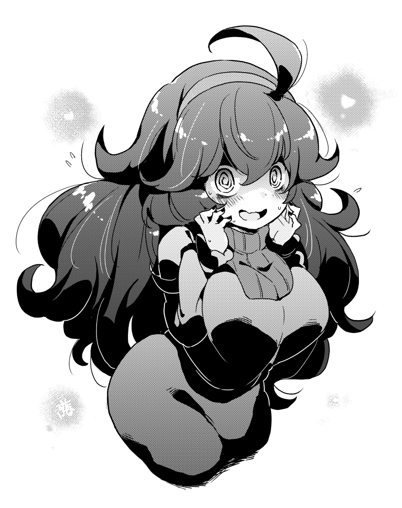 1girl, @_@, black_dress, breasts, dress, greyscale, hairband, hex_maniac_(pokemon), large_breasts, long_dress, long_hair, messy_hair, monochrome, npc_trainer, pokemon, purple_hairband, solo, tanasuke