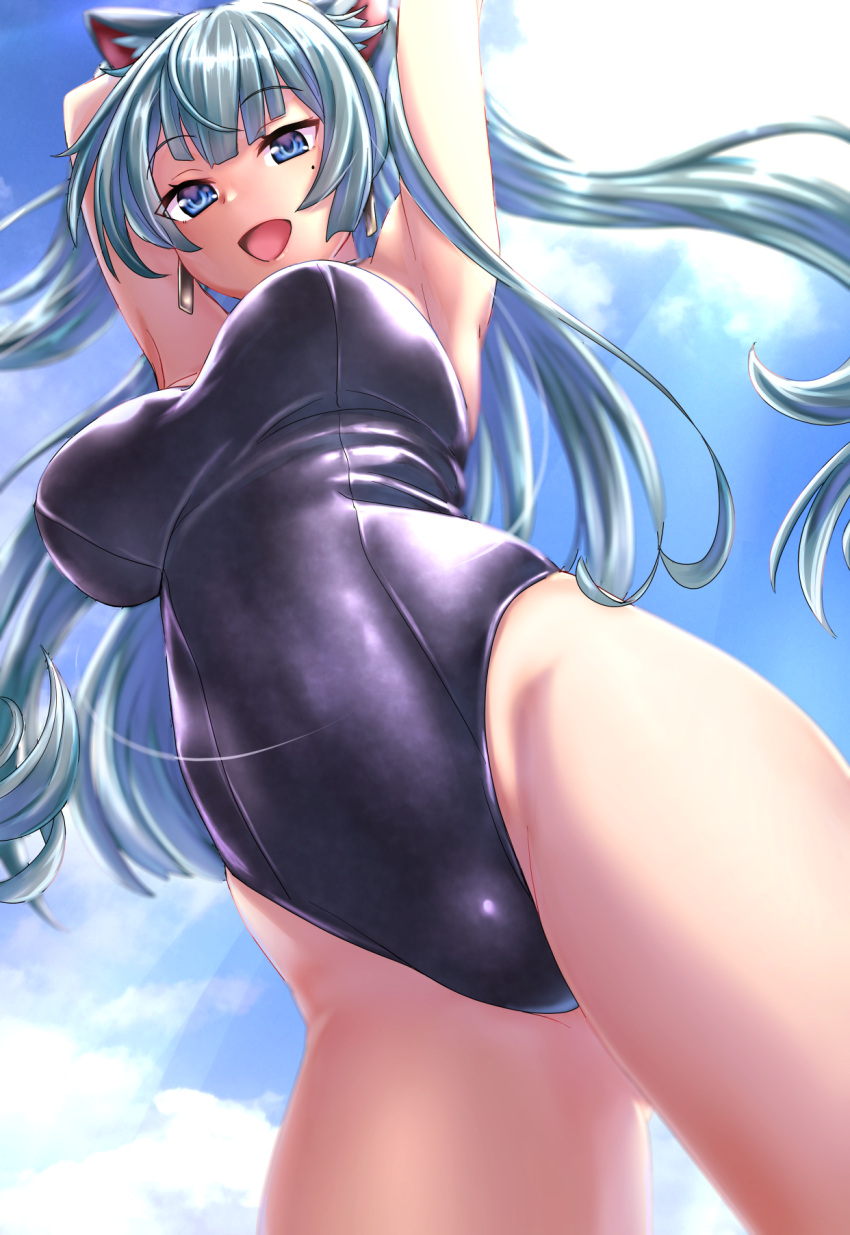 1girl, :d, animal_ears, aqua_hair, armpits, arms_behind_head, arms_up, ass_visible_through_thighs