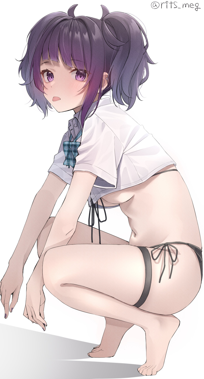 1girl, absurdres, bangs, barefoot, blunt_bangs, blush, bow, bowtie