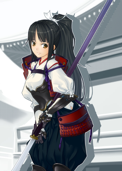 armor, black_hair, brown_eyes, gauntlets, japanese_clothes, mishima_yoshikatsu, naginata, original