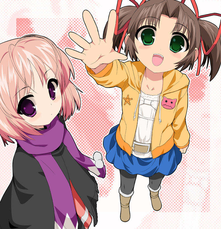 2girls, baby_princess, brown_hair, flat_chest, fubuki_(baby_princess), green_eyes, hair_ribbon, hands