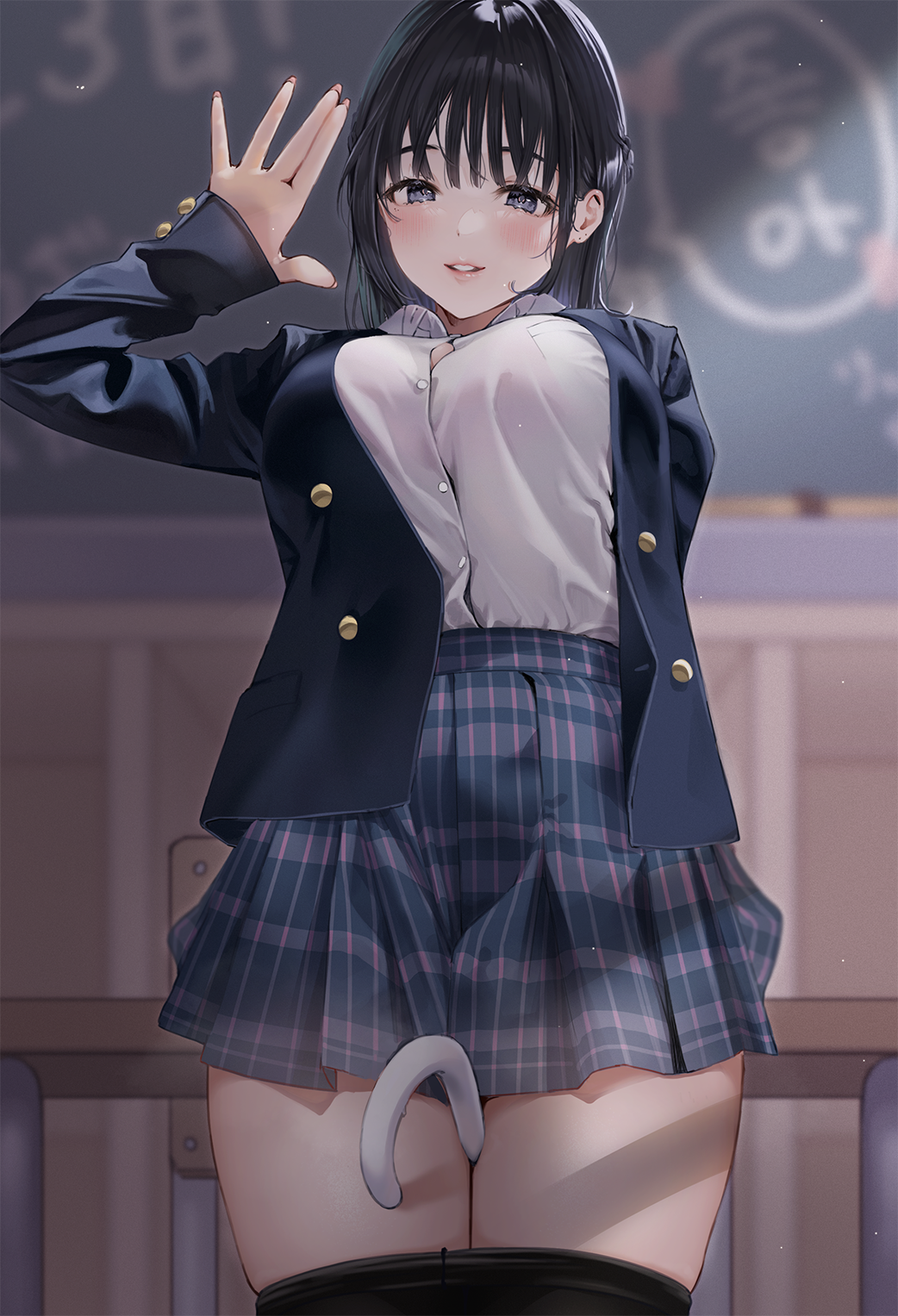 1girl, bangs, between_thighs, black_hair, black_legwear, blush, breasts, cardigan, chair, chalkboard, clothes_pull, desk, grin, highres, long_hair, looking_at_viewer, original, pantyhose, pantyhose_pull, pleated_skirt, poko_(user_nyfd7873), school_chair, school_desk, school_uniform, skirt, smile, solo, umbrella, violet_eyes
