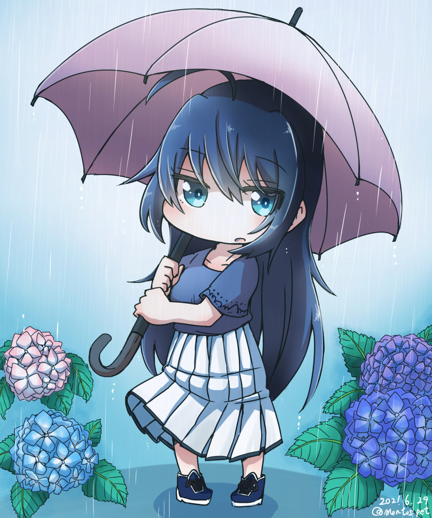 1girl, absurdres, ahoge, aoba_(akibajun), black_hair, blouse, blue_blouse, blue_eyes