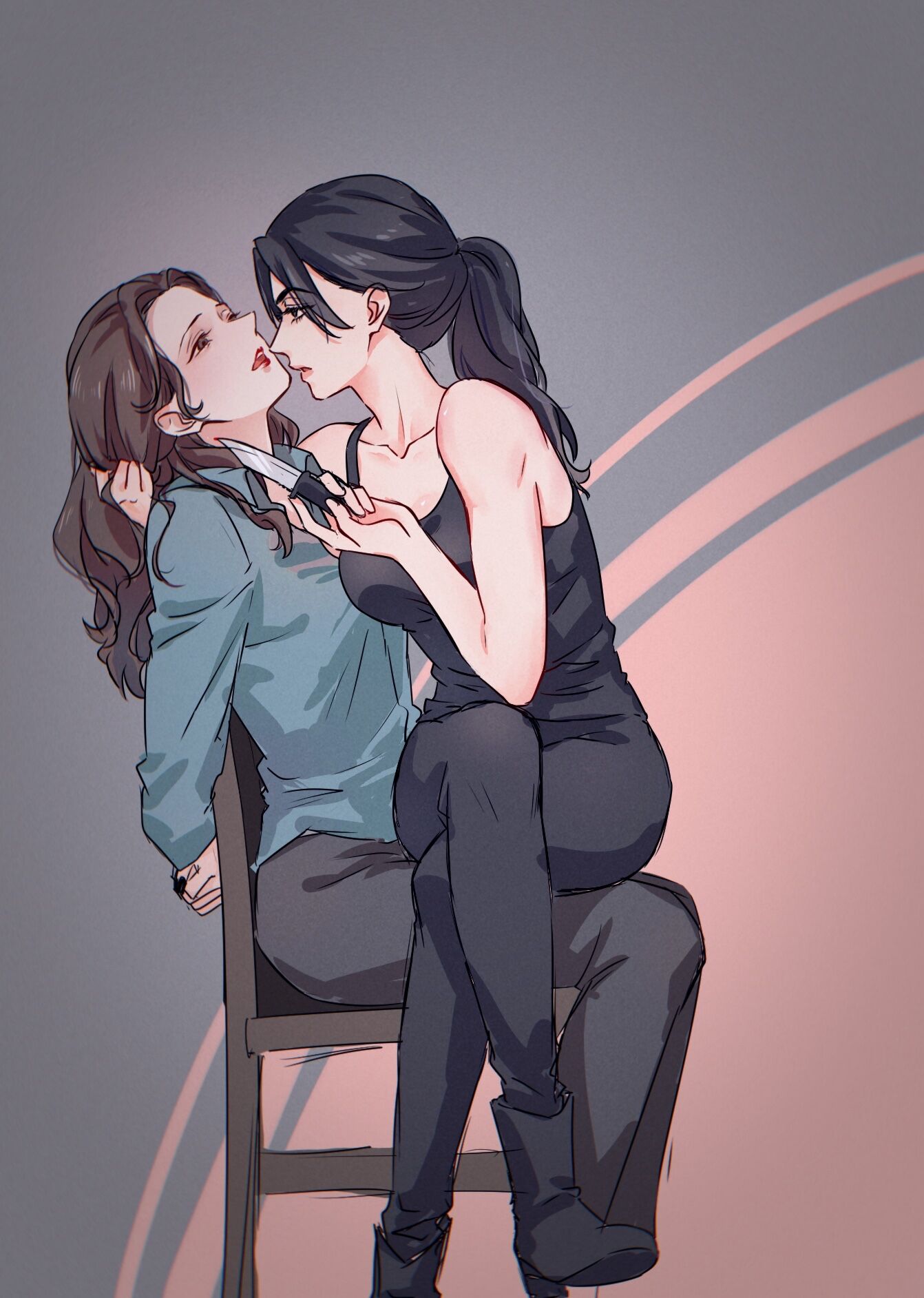 2girls, black_eyes, black_hair, black_pants, black_tank_top, blue_shirt, bound, bound_wrists