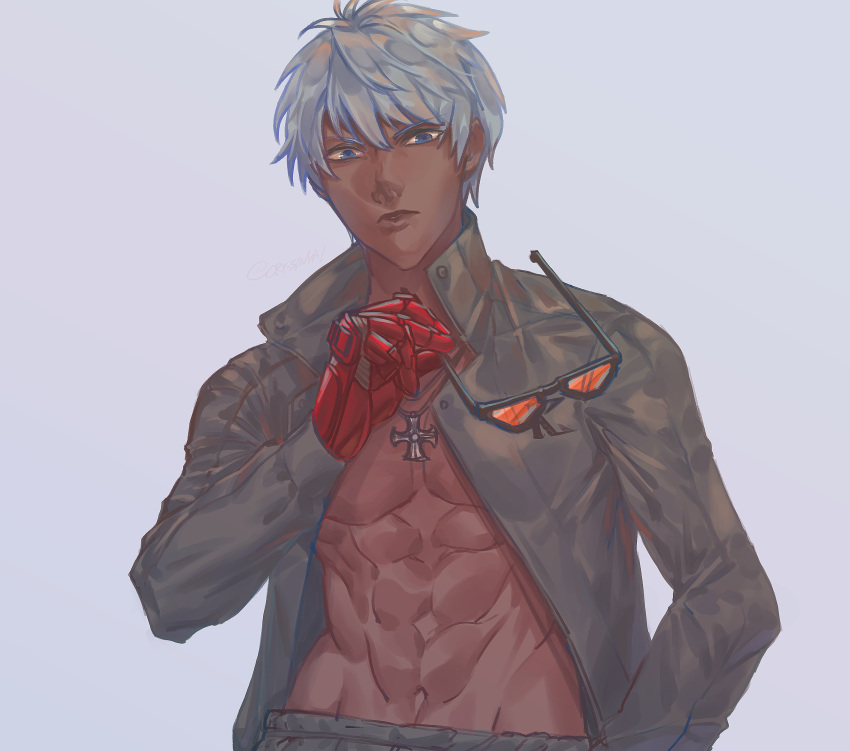 1boy, absurdres, black_jacket, blue_eyes, cross, cross_necklace, cry_sinkai, gloves