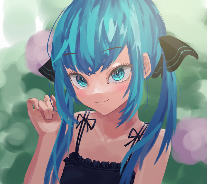 1girl, absurdres, aqua_eyes, aqua_hair, bare_shoulders, black_bow, black_dress, blurry