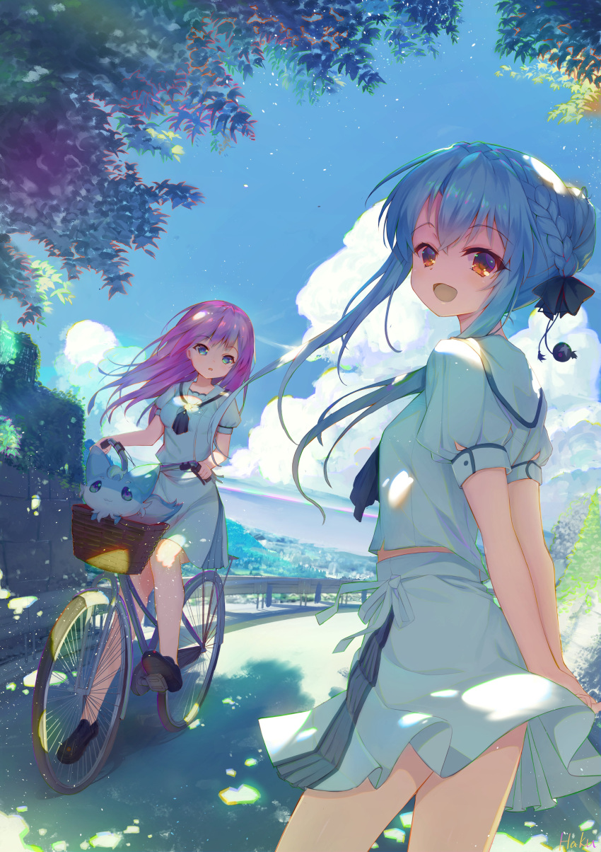 2girls, absurdres, arms_behind_back, bangs, black_neckwear, black_ribbon, blue_eyes, blue_hair