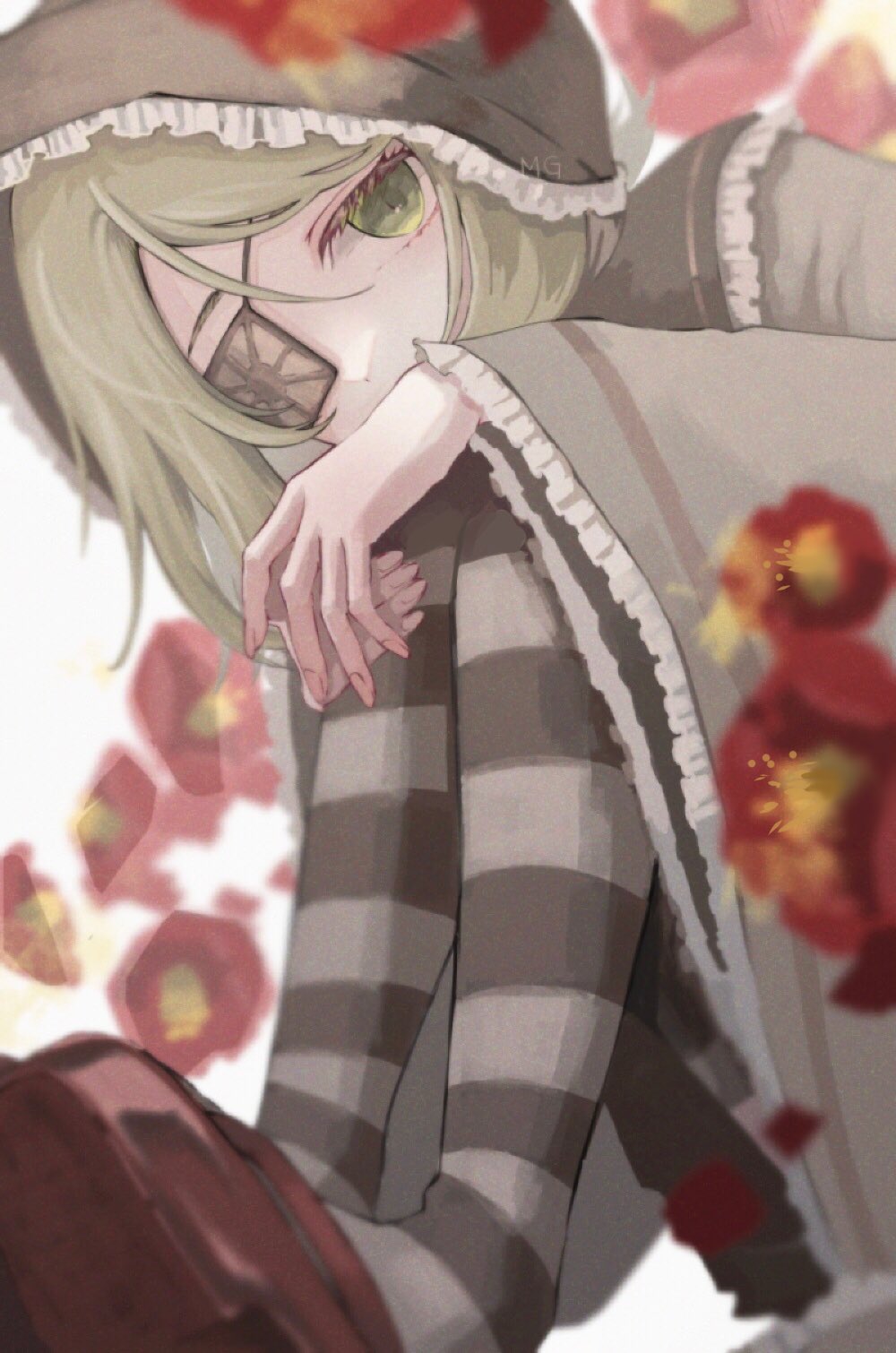 1girl, black_collar, blonde_hair, camellia, collar, commentary, dress, eyepatch