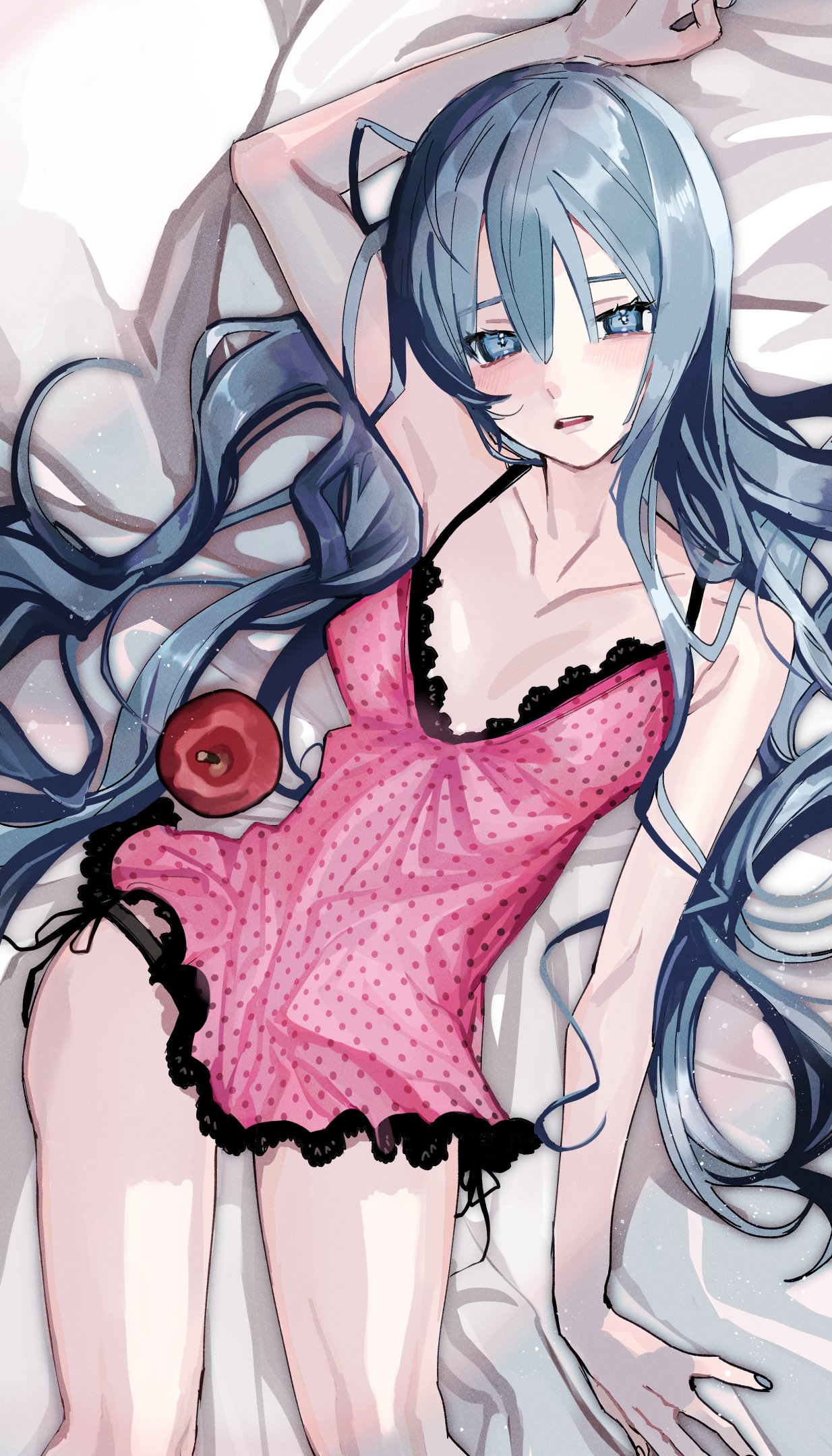 1girl, apple, aqua_eyes, aqua_hair, aqua_nails, blush, breasts, collarbone, commentary, contrapposto, cowboy_shot, dress, food, from_above, fruit, half-closed_eyes, hand_up, hatsune_miku, highres, lingerie, long_hair, looking_at_viewer, lying, nail_polish, on_back, open_mouth, pink_dress, polka_dot, polka_dot_dress, romeo_to_cinderella_(vocaloid), skinny, small_breasts, solo, soyaka, spaghetti_strap, twintails, underwear, very_long_hair, vocaloid