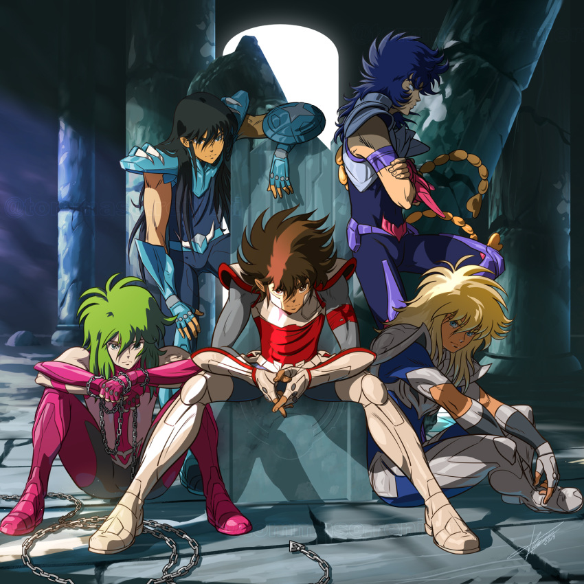 5boys, against_wall, andromeda_shun, armor, black_hair, blonde_hair, blue_hair, brown_hair, colored, cygnus_hyoga, dragon_shiryu, facing_away, facing_viewer, fingerless_gauntlets, greek_columns, looking_at_viewer, looking_away, looking_to_the_side, male, male_focus, pegasus_seiya, phoenix_ikki, posing, saint_seiya, sitting, tommaso_renieri