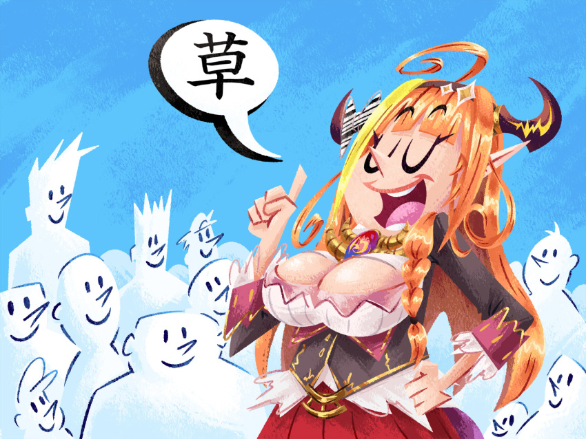 1girl, 2snacks_(artist), bangs, braid, breasts, brooch, closed_eyes, dragon_girl