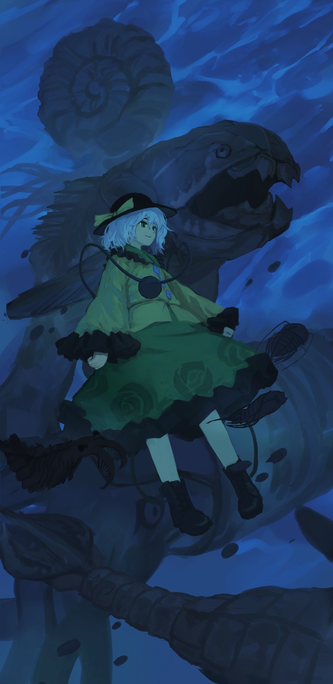 1girl, bangs, black_footwear, black_headwear, blouse, boots, bow, closed_mouth, creature_request, dark, eyeball, flat_chest, floral_print, frilled_shirt_collar, frills, full_body, green_eyes, green_skirt, hat, hat_bow, highres, komeiji_koishi, long_sleeves, looking_ahead, sea_monster, short_hair, silver_hair, skirt, smile, solo, third_eye, touhou, trilobite, underwater, wide_sleeves, xii_yashizhongzhan, yellow_blouse, yellow_bow