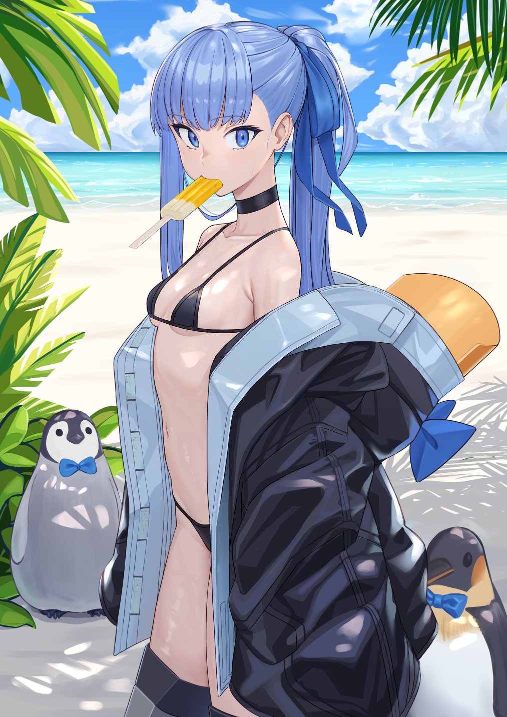 1girl, beach, bikini, bird, black_bikini, black_choker, blue_eyes, bow