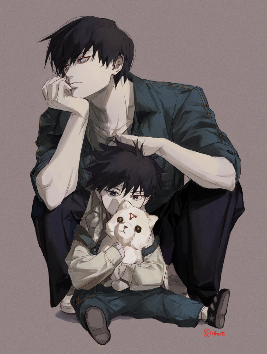 2boys, artist_name, black_eyes, black_footwear, black_hair, black_pants, blue_overalls, blue_shirt