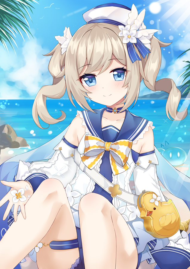 1girl, bag, bangs, barbara_(genshin_impact), barbara_(summertime_sparkle)_(genshin_impact), beach, blue_eyes, blue_sky