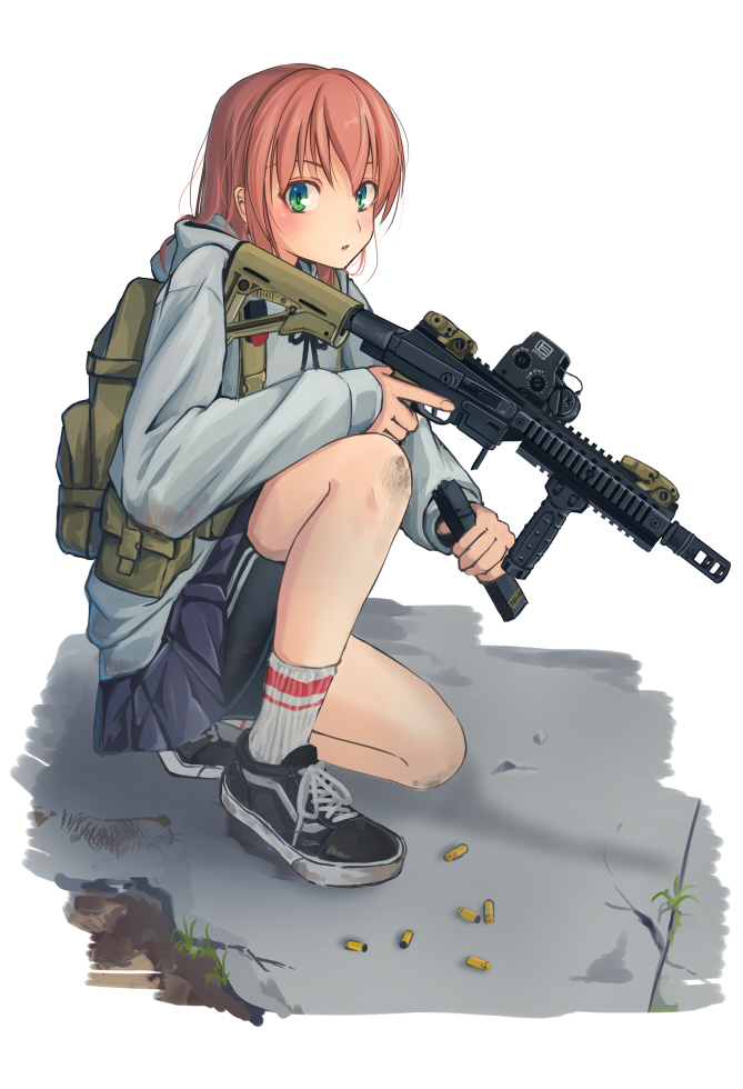 1girl, assault_rifle, backpack, bag, bike_shorts, bike_shorts_under_skirt, foregrip, green_eyes
