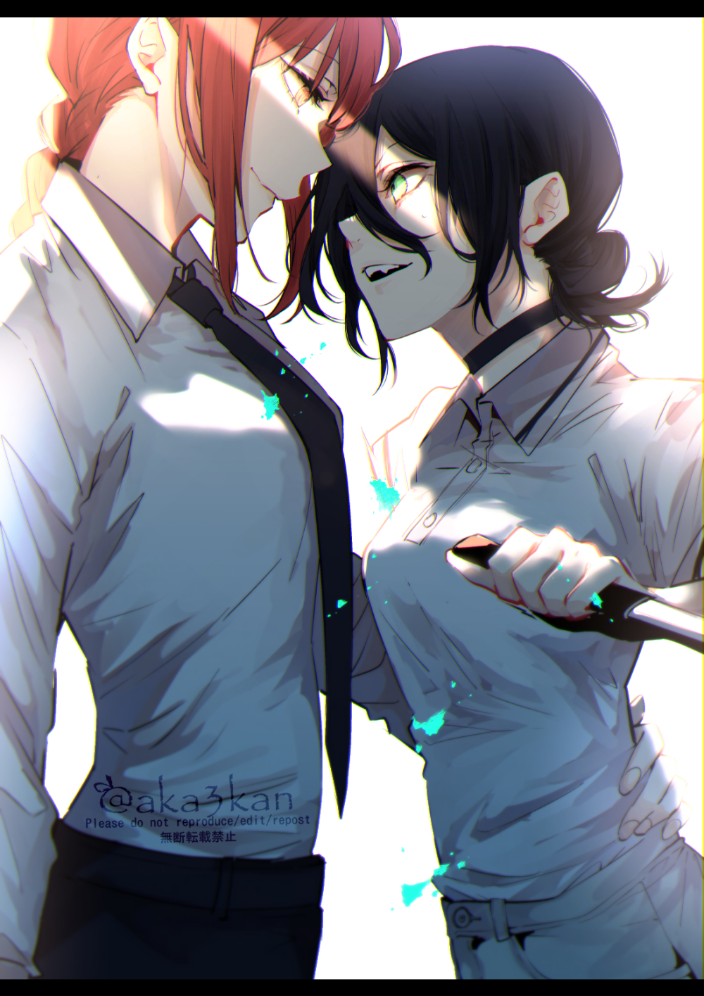 2girls, aka_mikan, arm_around_waist, black_choker, black_hair, black_neckwear, braid, braided_ponytail, breasts, chainsaw_man, choker, closed_mouth, collared_shirt, commentary, cowboy_shot, dress_shirt, face-to-face, fang, from_side, green_eyes, hair_between_eyes, hair_bun, highres, holding, holding_knife, knife, letterboxed, light_rays, looking_at_another, makima_(chainsaw_man), medium_breasts, medium_hair, multiple_girls, necktie, open_mouth, orange_eyes, paint_splatter, profile, redhead, reze_(chainsaw_man), ringed_eyes, shirt, short_hair, sidelocks, simple_background, smile, sunlight, sweatdrop, white_background, white_shirt, wing_collar