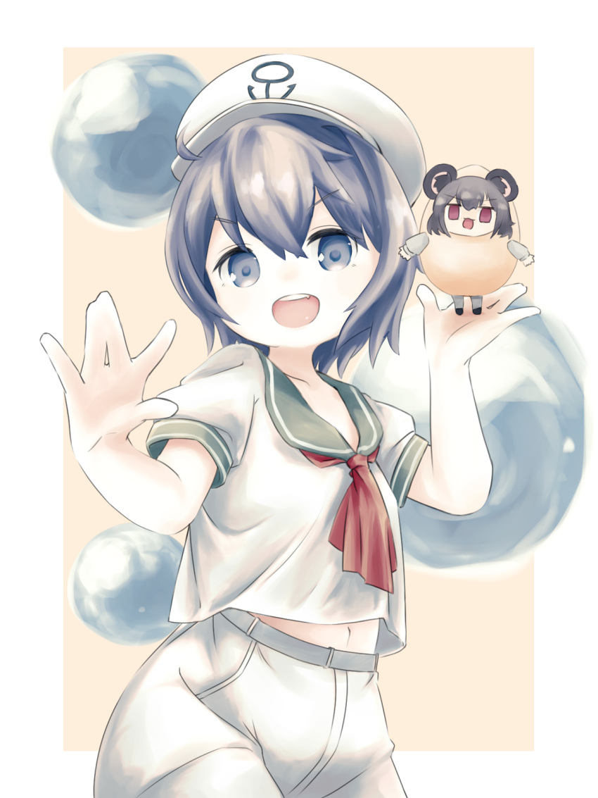 2girls, :d, \||/, anchor_print, animal_ears, bangs, black_eyes, black_hair