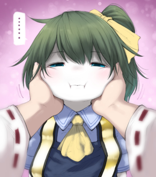 ..., 2girls, ascot, bangs, blue_eyes, blue_vest, blush, bow, cheek_squash, closed_mouth, collared_shirt, colored_skin, commentary_request, cookie_(touhou), daiaa_nisei, daiyousei, detached_sleeves, diyusi_(cookie), eyebrows_visible_through_hair, female_pov, green_hair, hair_between_eyes, hair_bow, hakurei_reimu, looking_at_viewer, medium_hair, multiple_girls, noel_(cookie), ponytail, pov, ribbon-trimmed_sleeves, ribbon_trim, shirt, touhou, upper_body, vest, white_shirt, white_skin, white_sleeves, yellow_bow, yellow_neckwear