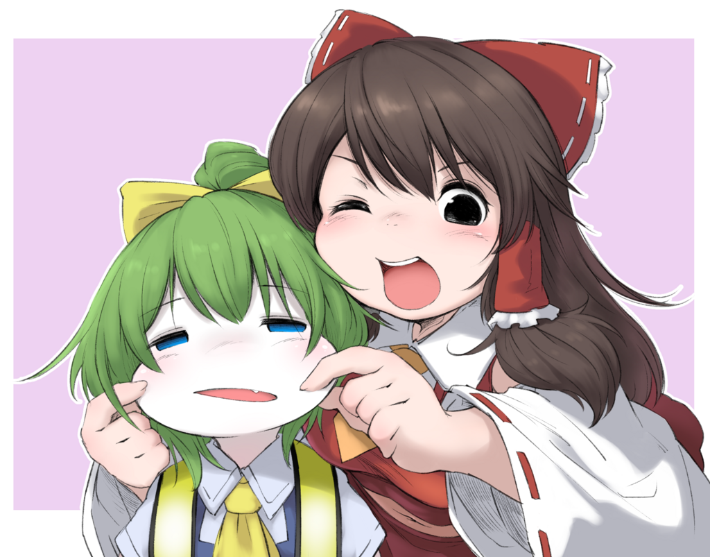 2girls, bangs, black_eyes, blue_eyes, blue_vest, blush, border, bow