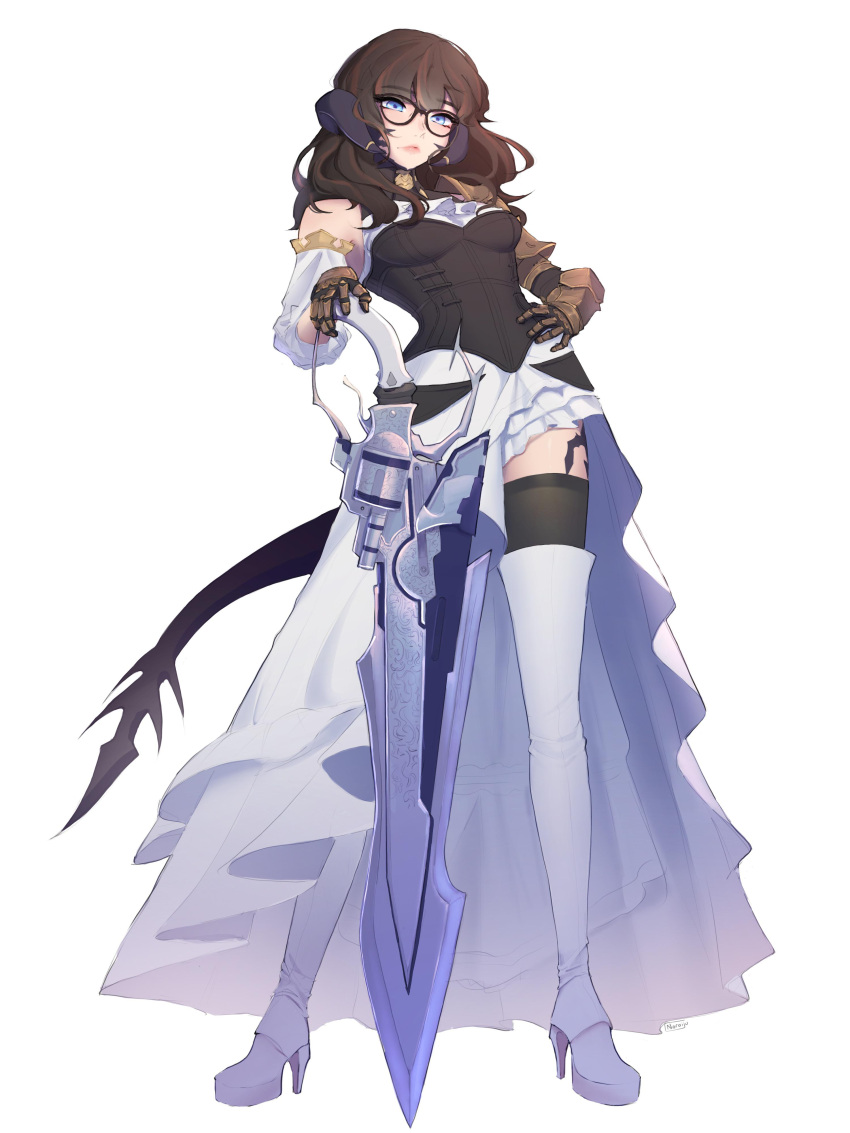 1girl, absurdres, au_ra, bangs, black-framed_eyewear, black_horns, blue_eyes, bodice, boots, breasts, brown_hair, commission, detached_sleeves, dragon_girl, dragon_horns, dragon_tail, eyebrows_visible_through_hair, final_fantasy, final_fantasy_xiv, gauntlets, glasses, gunblade, gunbreaker_(final_fantasy), high_heel_boots, high_heels, highres, horn_ornament, horn_ring, horns, long_hair, noroijuu, scales, single_detached_sleeve, single_gauntlet, small_breasts, solo, tail, thigh-highs, thigh_boots, thighhighs_under_boots, weapon, white_background