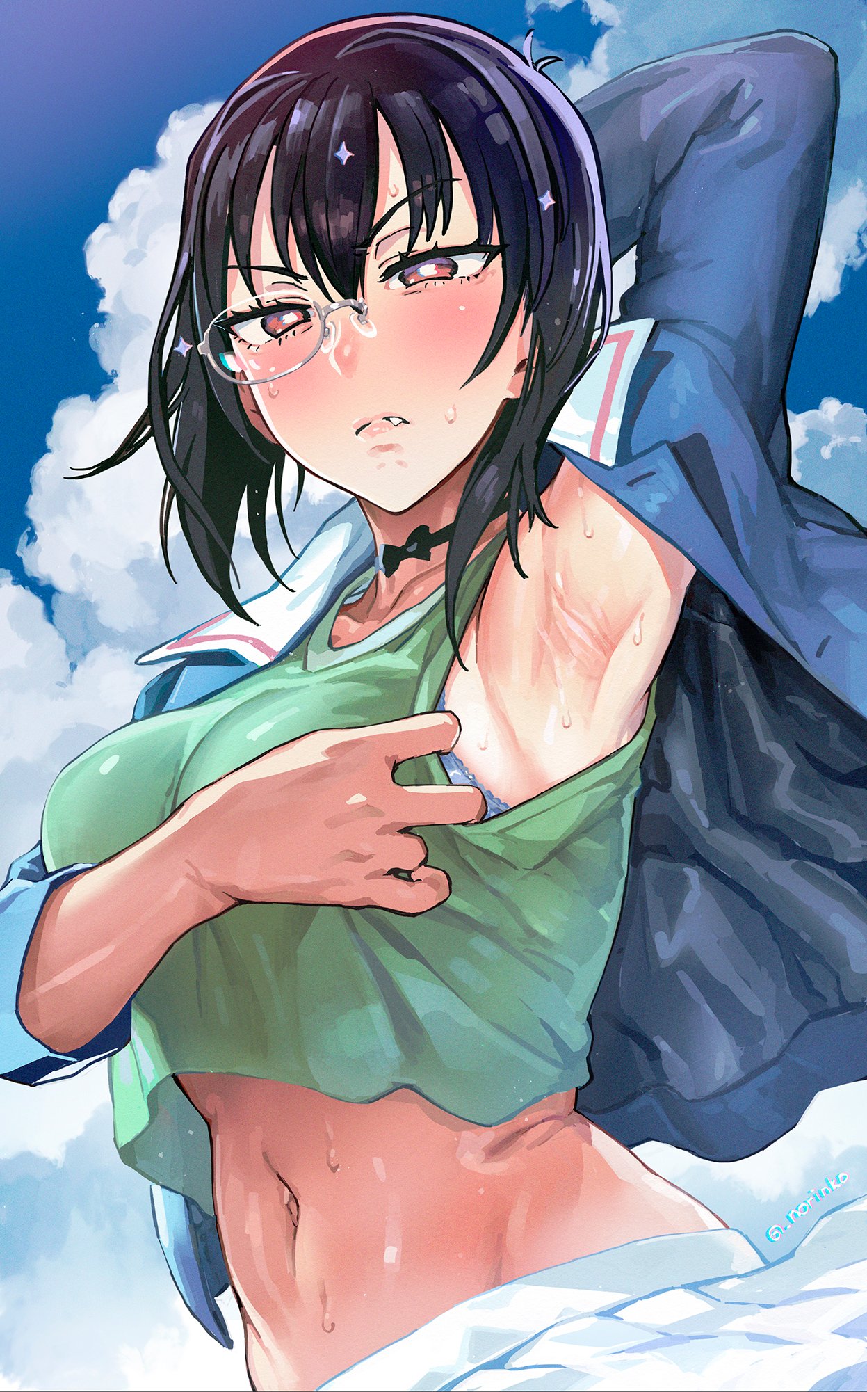 >:(, 1girl, ?, arm_behind_head, arm_under_breasts, arm_up, armpits, bangs