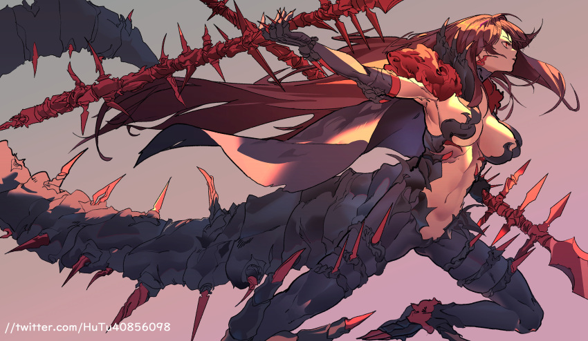 1girl, absurdres, armpits, black_bodysuit, black_cape, black_gloves, bodysuit, breasts, cape, cosplay, cu_chulainn_(fate)_(all), cu_chulainn_alter_(fate/grand_order), cu_chulainn_alter_(fate/grand_order)_(cosplay), dual_wielding, elbow_gloves, fate/grand_order, fate_(series), from_side, gae_bolg_(fate), gloves, highres, holding, hu_tu, large_breasts, long_hair, looking_away, monster_girl, open_mouth, profile, purple_background, purple_hair, red_eyes, revealing_clothes, scathach_(fate), scathach_(fate)_(all), simple_background, solo, spiked_tail, spikes, tail, twitter_username, watermark, web_address