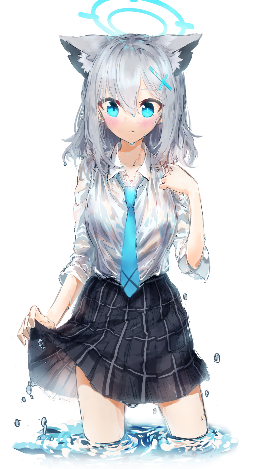 1girl, absurdres, animal_ears, blue_archive, blue_eyes, blue_neckwear, blush, bra_through_clothes