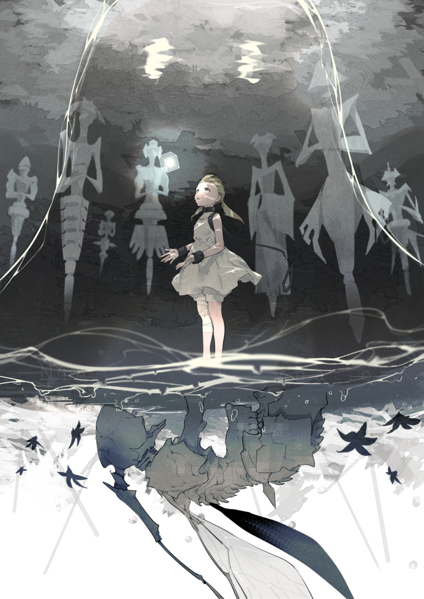 1girl, all_fours, backpack, bag, bandaged_leg, bandages, bangs_pinned_back, bare_shoulders