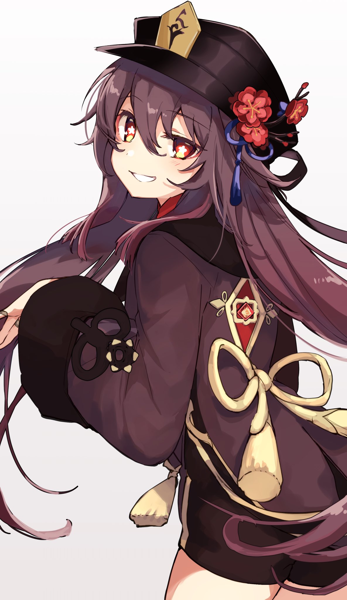 1girl, :d, bangs, black_hair, black_nails, black_shirt, black_shorts, chinese_clothes, commentary_request, eyebrows_visible_through_hair, flower, from_behind, genshin_impact, ghost_pose, grey_background, grin, hair_between_eyes, hat, hat_flower, hat_ornament, head_tilt, highres, hu_tao_(genshin_impact), long_hair, long_sleeves, looking_at_viewer, looking_back, open_mouth, red_eyes, rono_(iwant_ab), shirt, shorts, sidelocks, simple_background, smile, solo, symbol-shaped_pupils, twintails, vision_(genshin_impact)