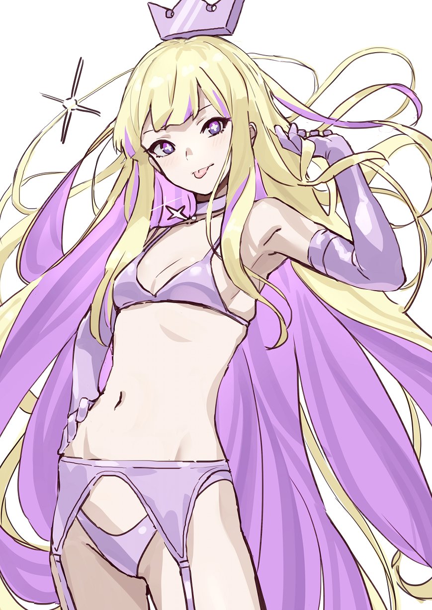 1girl, bikini, blonde_hair, breasts, choker, closed_mouth, colored_inner_hair, cowboy_shot