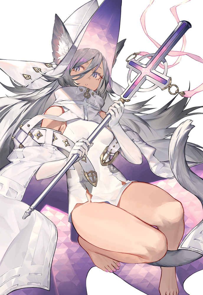 1girl, animal_ears, barefoot, breasts, gloves, grey_hair, hair_between_eyes, hat