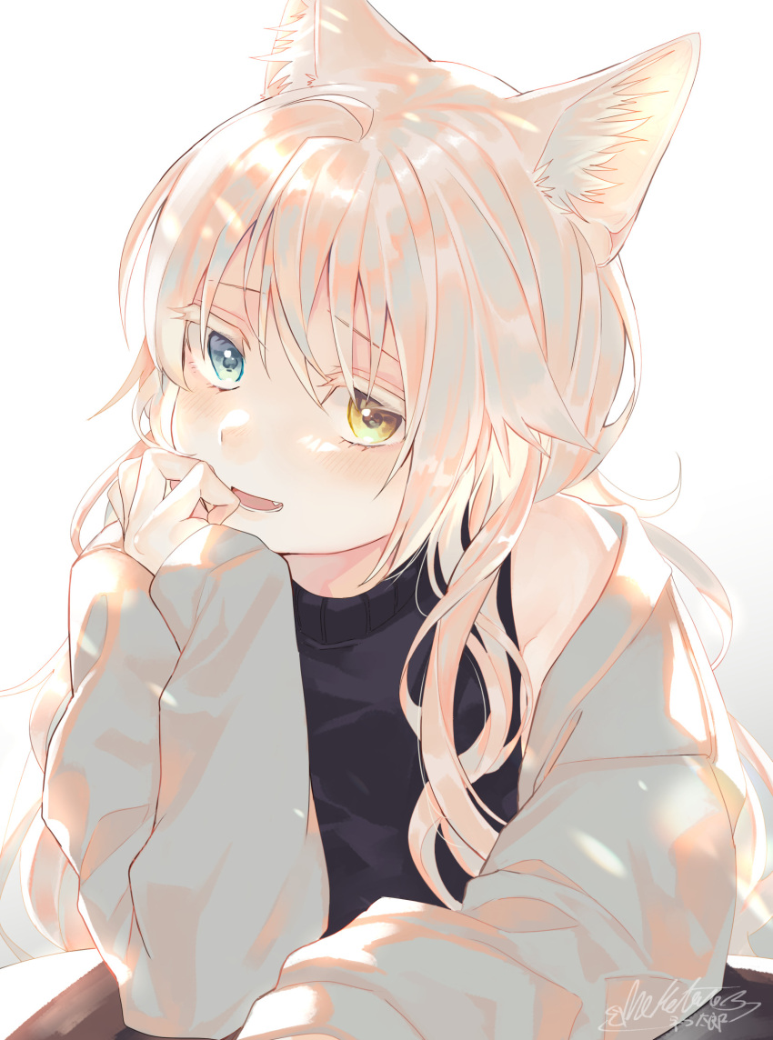 1girl, animal_ears, bare_shoulders, black_shirt, blue_eyes, cat_ears, catulus_syndrome, character_request, check_character, fang, head_rest, heterochromia, highres, jacket, light_blush, long_hair, looking_at_viewer, open_clothes, open_jacket, open_mouth, shinonome_neko-tarou, shirakaba_yuki, shirt, signature, solo, upper_body, white_hair, white_jacket, yellow_eyes