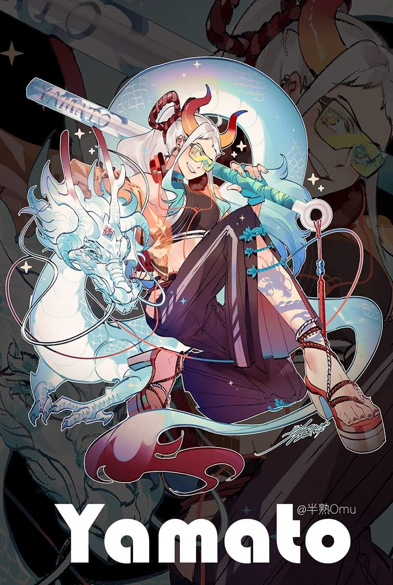 1girl, alternate_costume, bare_shoulders, character_name, club, curled_horns, dragon, earrings